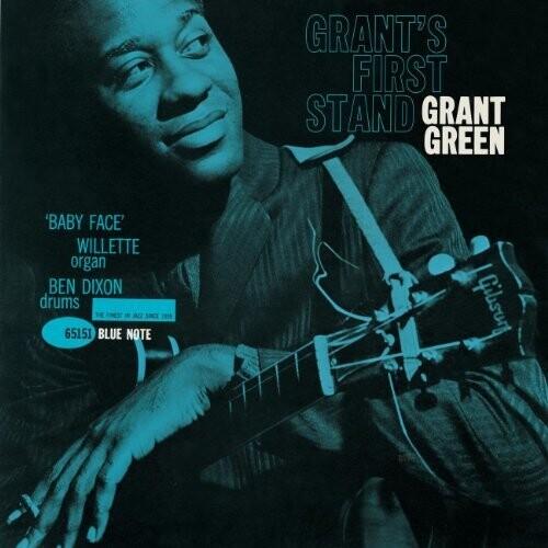Vinyl LP cover of 'Grant's First Stand' featuring a portrait of the artist with a guitar in the background. The album is credited to Grant Green with text indicating the lineup and label.