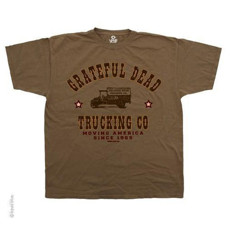 A brown t-shirt featuring the Grateful Dead band with a graphic that includes a truck and the text 'TRUCKING CO Moving America SINCE 1965'.