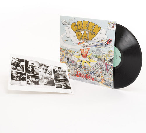 A new vinyl record of Green Day's album 'Dookie' with a colorful cover art featuring the band and various symbols related to the punk genre.