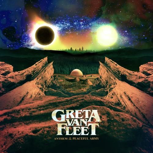 Album cover art for Greta Van Fleet featuring a cosmic and celestial design with a dark sky, stars, and a mountain range.