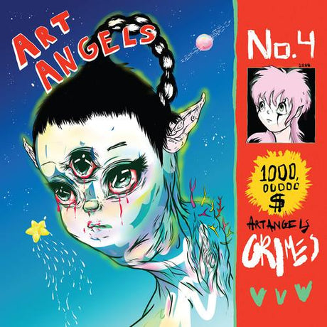 Cover of 'Art Angels No. 4' with a stylized face and text on a blue and red background.