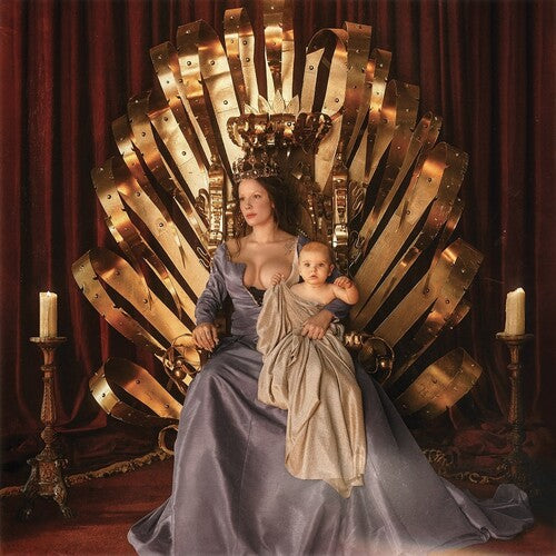 An album cover featuring Halsey seated on a golden throne, holding a child, with a red curtain backdrop.
