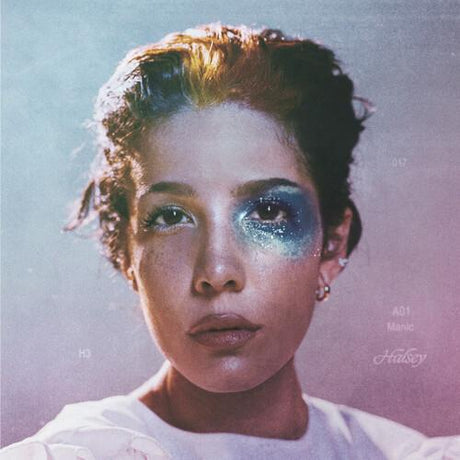 This image features the cover art for Halsey's 2020 album "Manic," which is a new vinyl record release. The album cover displays a close-up photograph of Halsey with a soft focus background.