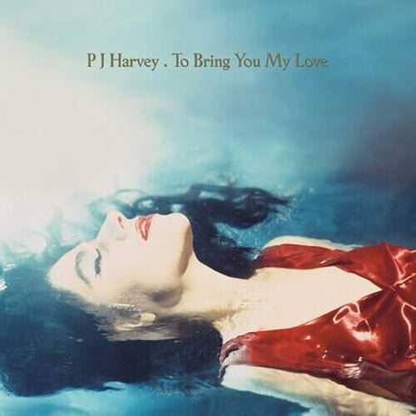 Album cover art featuring a person lying on their back in water with a red garment covering their lower body. The title 'P J Harvey .