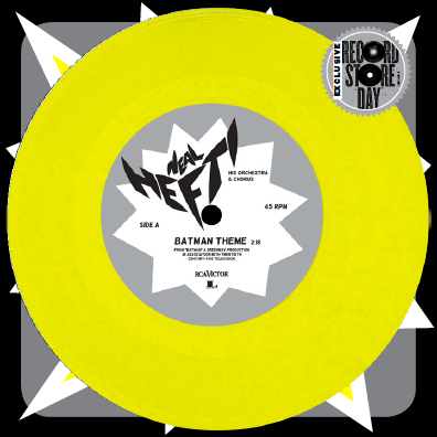 Yellow vinyl record with black and white text featuring the artist name 'Hefti' and the title 'BATMAN THEME'. It is a limited edition item for Record Store Day Black Friday.