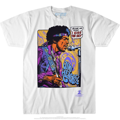 White t-shirt with a colorful graphic print of Jimi Hendrix playing a guitar, surrounded by a stylized, comic-like background.