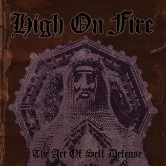Album cover for 'High On Fire' with a central illustration and text on a brown background