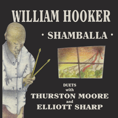 Record cover art featuring a cartoon illustration of a person holding drumsticks, with the title 'Shamballa' and the text 'Duets with Thurston Moore & Elliott Sharp'. The background is dark with a stylized landscape and a window in the background.
