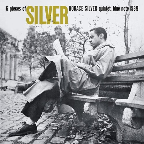 Album cover with a man sitting on a bench reading a newspaper, featuring text about Horace Silver and Blue Note.