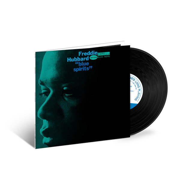 A vinyl record titled 'Freddie Hubbard Spirits' with a portrait of the artist in a blue tinted photo on the cover.