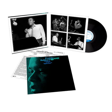 A vinyl record titled 'Freddie Hubbard Spirits' with a portrait of the artist in a blue tinted photo on the cover.