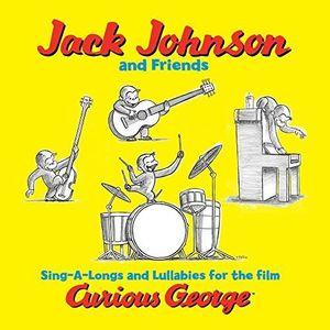 Album cover art for Jack Johnson and Friends, featuring illustrations of characters and instruments on a yellow background, related to the film 'Curious George'.