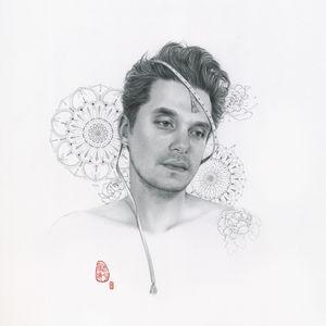Black and white illustration of a person with decorative elements on a light gray background