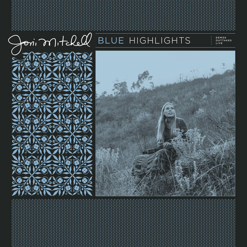 Album cover of 'Blue Highlights' by Joni Mitchell with a black and white photo of a woman sitting in nature.