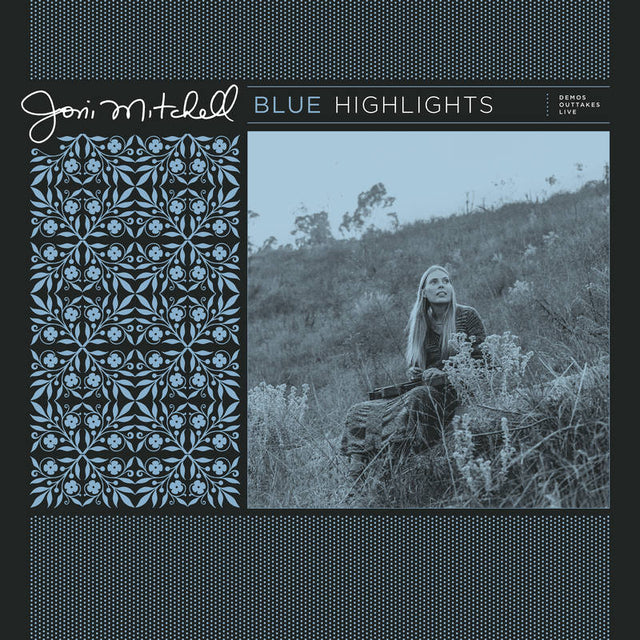 Album cover of 'Blue Highlights' by Joni Mitchell with a black and white photo of a woman sitting in nature.