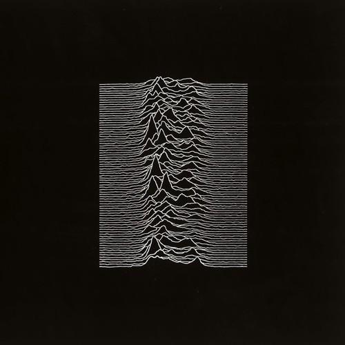 Black vinyl record album cover for Joy Division's album 'Unknown Pleasures' featuring a minimalistic white line graphic resembling a radar screen pattern.