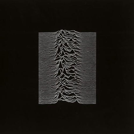 Black vinyl record album cover for Joy Division's album 'Unknown Pleasures' featuring a minimalistic white line graphic resembling a radar screen pattern.