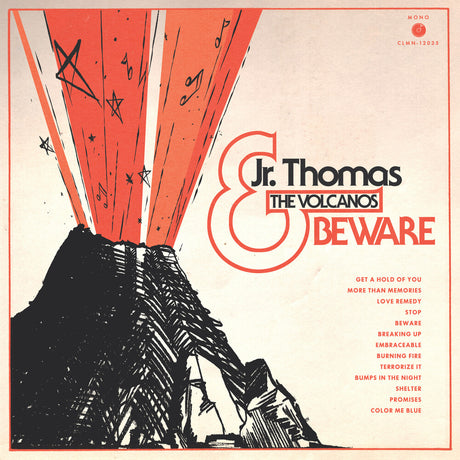 Album cover art for Jr. Thomas & The Volcanos - Beware, featuring a illustration of a volcano with smoke and flames, and the names of the tracks listed in a column on the left.