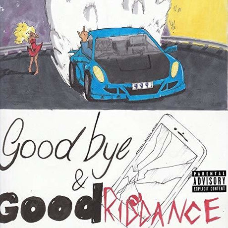 Album cover art for Juice Wrld - Goodbye & Good Riddance featuring a illustration of a car, a phone, and abstract shapes with the artist and album name.