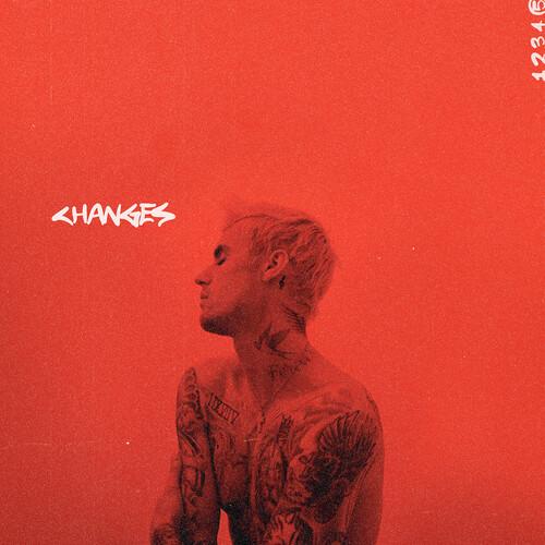 A red vinyl record cover featuring the artist Justin Bieber with the title 'CHANGES' prominently displayed.