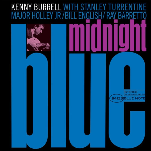 Album cover of 'Midnight Blue' by Kenny Burrell with text and a small portrait of a musician.