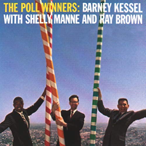 Album cover for 'The Poll Winners' featuring photographs of Barney Kessel, Shelly Manne, and Ray Brown with a striped background.