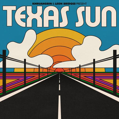 Album cover with 'Texas Sun' text, sunset over a road, and colorful fences.