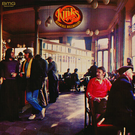 Album cover of 'Muswell Hillbillies' by The Kinks featuring an indoor scene with people sitting and standing, with a prominent sign overhead.