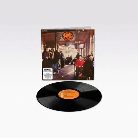 Album cover of 'Muswell Hillbillies' by The Kinks featuring an indoor scene with people sitting and standing, with a prominent sign overhead.