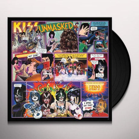 A vinyl record of Kiss - Unmasked album with colorful cover art featuring the band members and various symbols and text.