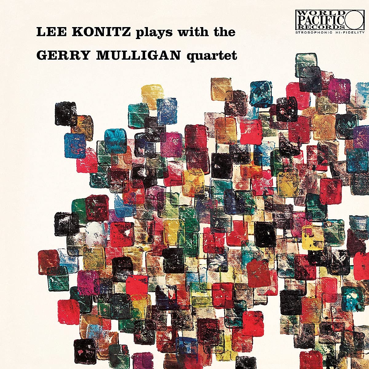 Limited 180gm vinyl LP gatefold jacket cover featuring abstract geometric patterns with the text 'Lee Konitz Plays With The Gerry Mulligan Quartet'.