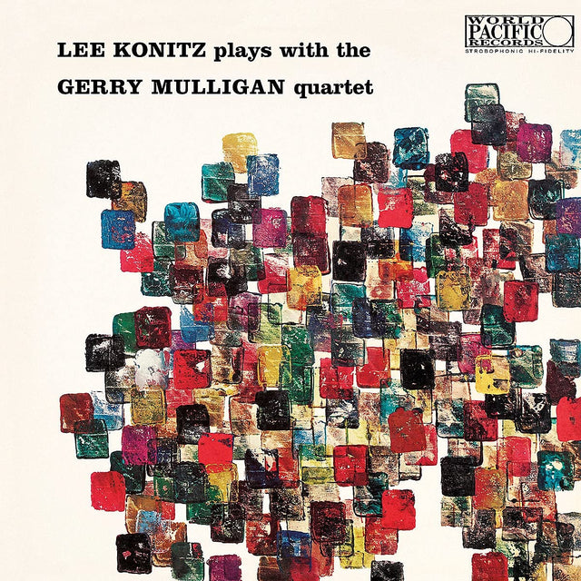 Limited 180gm vinyl LP gatefold jacket cover featuring abstract geometric patterns with the text 'Lee Konitz Plays With The Gerry Mulligan Quartet'.