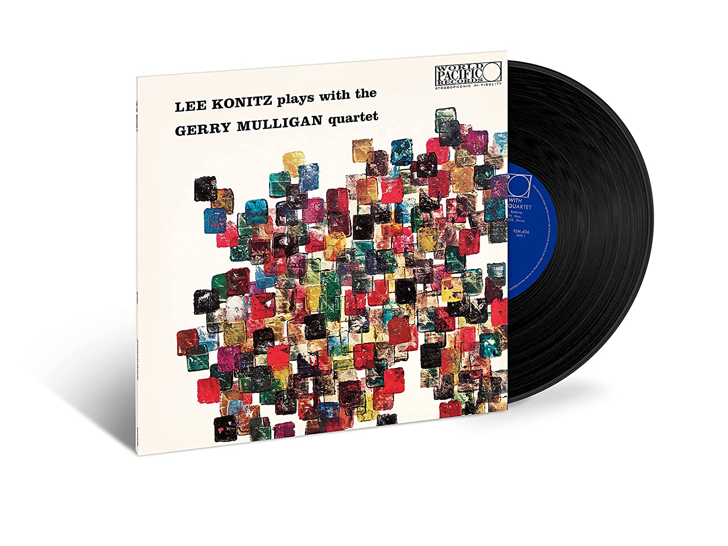 Limited 180gm vinyl LP gatefold jacket cover featuring abstract geometric patterns with the text 'Lee Konitz Plays With The Gerry Mulligan Quartet'.