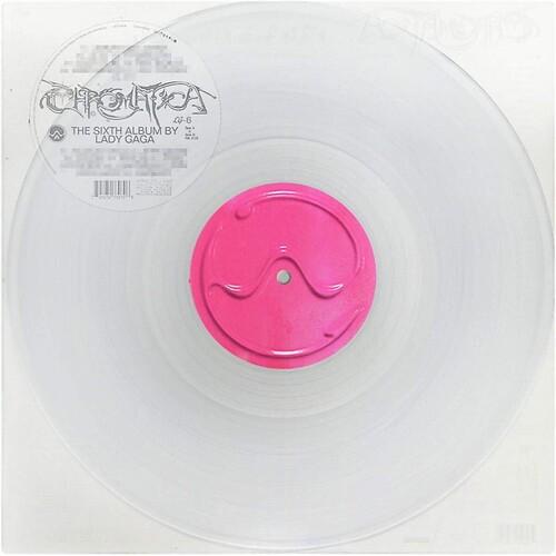 Limited edition vinyl record of Lady Gaga's album Chromatica with a milky clear vinyl and a pink record center.