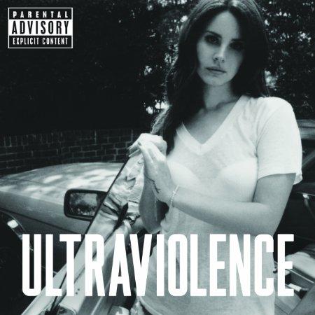 Black and white album cover of Lana Del Rey with the title 'ULTRAVIOLENCE' below her. She is wearing a white t-shirt and appears to be sitting in a car.