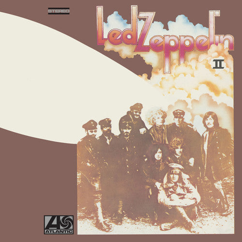 Album cover of Led Zeppelin II featuring a group photograph of the band members with 'Led Zeppelin' text and the 'Atlantic' record label logo.