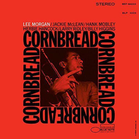 Album cover of 'Cornbread' by Lee Morgan featuring a jazz musician with a trumpet on an orange background.