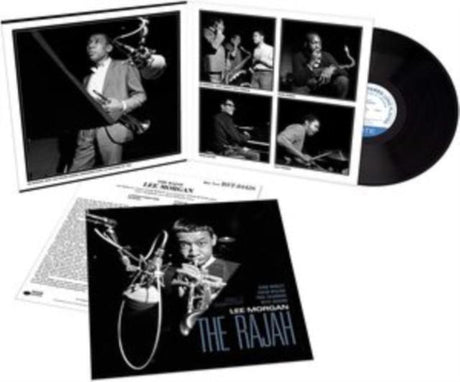 Vinyl record with cover featuring jazz musicians and text 'Lee Morgan The Rajah' on a white background.