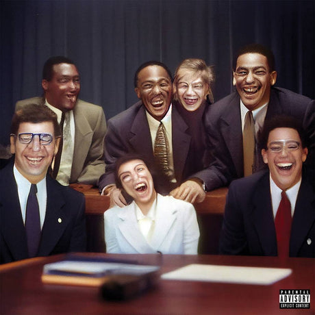 An album cover featuring a group of people, including Lil Yachty, smiling and posing for a group photo. The setting appears to be indoors with formal attire.