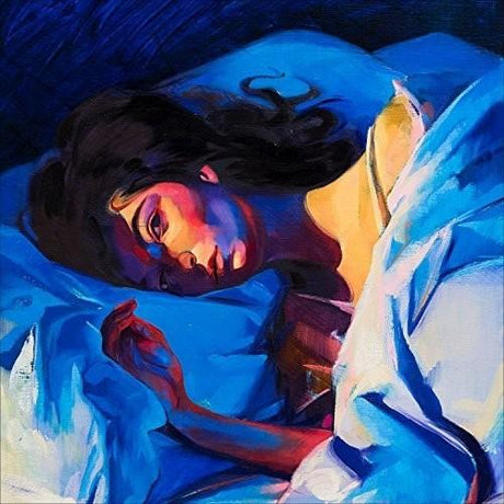 Album cover art for Lorde's Melodrama featuring a painting of a person lying down, covered in a blue sheet, with a soft focus on the background.