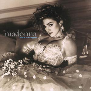 Album cover featuring a person in a lace dress with text 'Madonna Like a Virgin'.