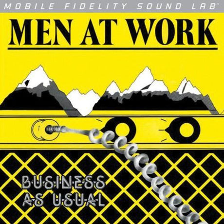Album cover for 'Men at Work' with mountains and amplifier graphic on yellow background