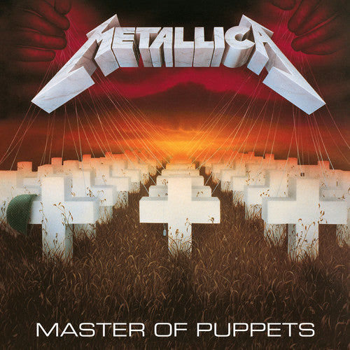Album cover for Metallica - Master Of Puppets featuring the band's logo and a landscape with crosses.