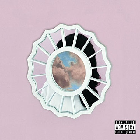 The image displays the vinyl record album cover for "The Divine Feminine" by Miller, Mac. The cover art features a minimalist design with a central, circular image of a cloudy sky within a white, sunburst pattern that extends outward to a solid pink background.