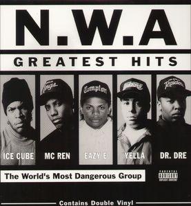 Album cover for N.W.A's 'Greatest Hits' featuring five members in mugshot style.