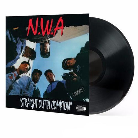 Vinyl record by N.W.A. titled 'Straight Outta Compton' with the cover showing the group looking down into the lens of the camera.