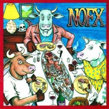 The image features a colorful vinyl record cover for NOFX's album "Liberal Animation." The cover art displays a whimsical and playful illustration, portraying three cartoon cows in human-like form, seated around a dining table, engaging in light-hearted, boisterous behavior.