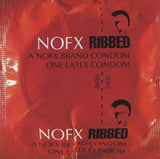 A red vinyl record of NOFX's album 'Ribbed' with the band's logo and the text 'A NOFX brand condom' printed on it.