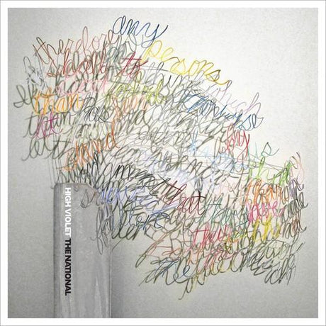A vinyl record of The National album 'High Violet' with a colorful, intricate line art design on the cover.