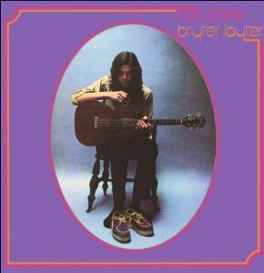 Album cover of 'Bryter Layter' by Nick Drake, featuring a photograph of the artist sitting and playing a guitar, with a purple background.